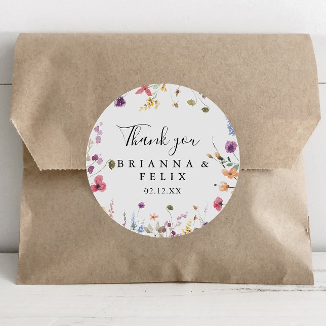 Colourful Wild Floral Thank You Wedding Favour Classic Round Sticker (Creator Uploaded)