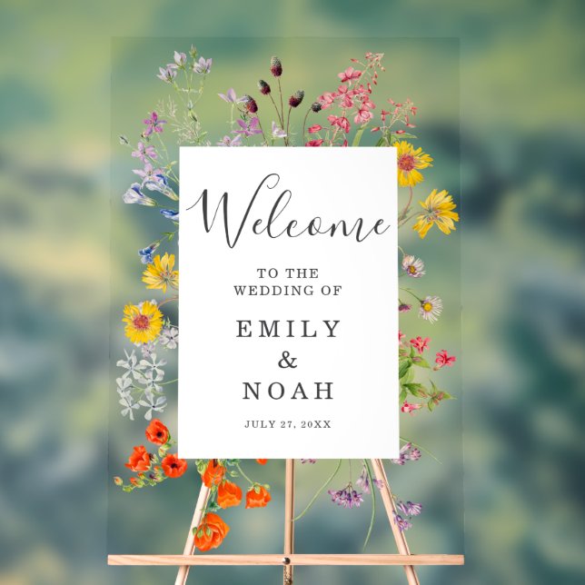 Colourful Wild Flower Country Wedding Welcome Acrylic Sign (Neutral)