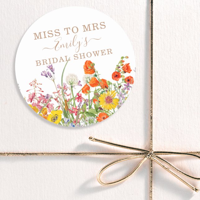 Colourful Wild Flowers Country Floral Miss To Mrs Classic Round Sticker (Creator Uploaded)