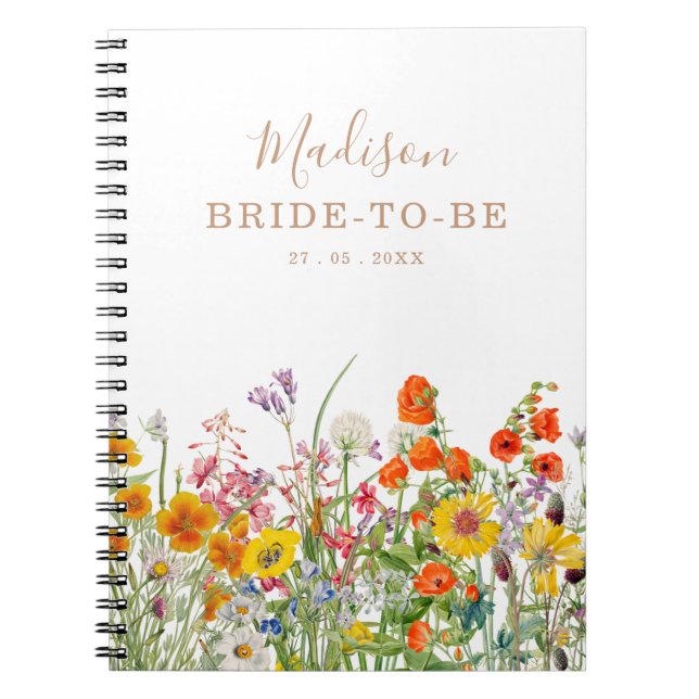 Colourful Wild Flowers Country Personalised Weddin Notebook (Front)
