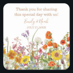 Colourful Wild Flowers Country Wedding Square Sticker<br><div class="desc">Colourful Wild Flowers Country Wedding Stickers features pretty country flowers in orange,  yellow,  purple and pink on a white background with your accommodation information above. Personalise by editing the text in the text boxes. Designed for you by Evco Studio www.zazzle.com/store/evcostudio</div>