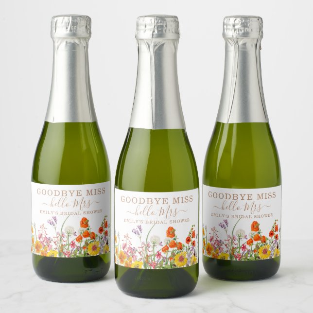 Colourful Wild Flowers Goodbye Miss Hello Mrs Sparkling Wine Label (Bottles)