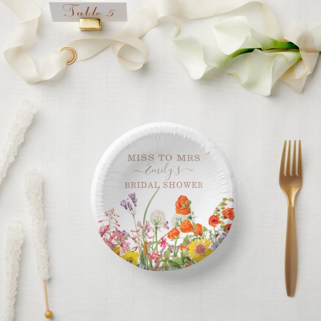 Colourful Wild Flowers Miss To Mrs Bridal Shower Paper Plate (Wedding)