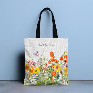 Colourful Wild Flowers Pretty Girly Personalised Tote Bag