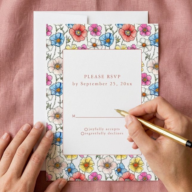 Colourful wild flowers seamless pattern RSVP card (Colorful wild flowers seamless pattern RSVP card.)