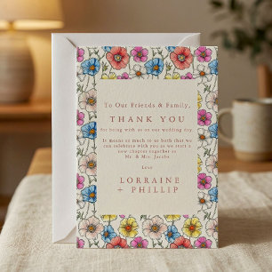 Colourful wild flowers seamless pattern wedding thank you card