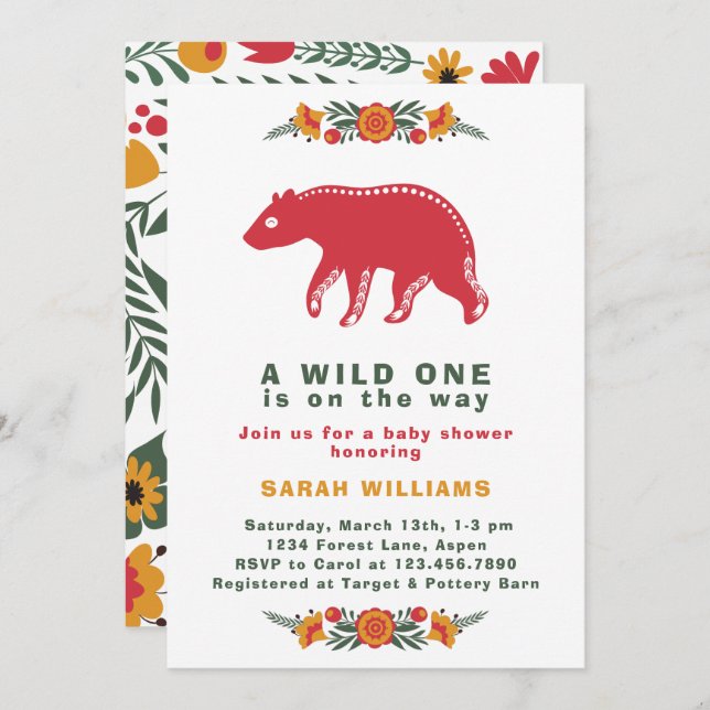 Colourful Wild One Folk Art Bear Boy Baby Shower Invitation (Front/Back)