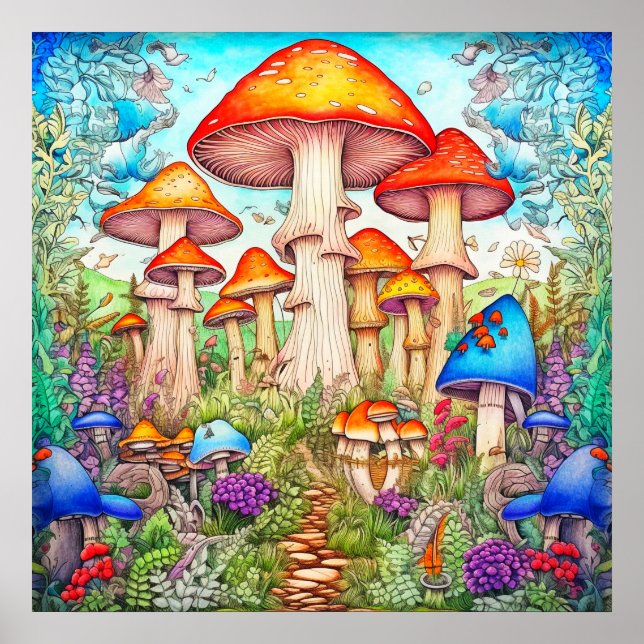Colourful Wild Psychedelic Mushroom Forest Poster (Front)