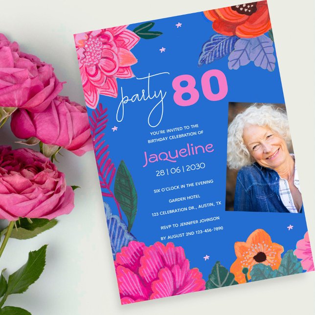 Colourful Wildflower 80th Birthday Party Photo Invitation (Bright Wildflower Summer Birthday Party Invitation)