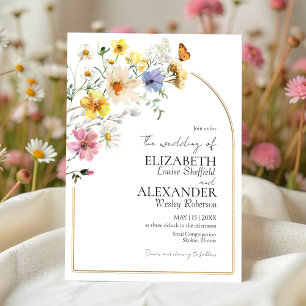 Colourful Wildflower Arch Gold Frame   Boho Weddin Invitation