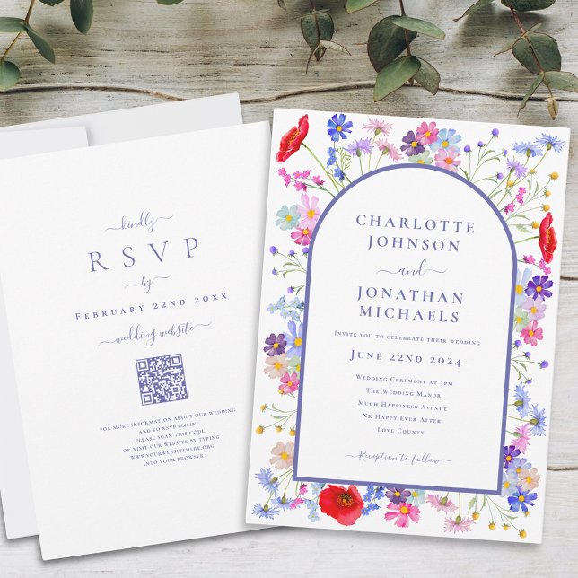Colourful Wildflower Arch Website QR Code Invitation (Colorful wildflower watercolor arch purple typography script wedding invitation with website qr code)