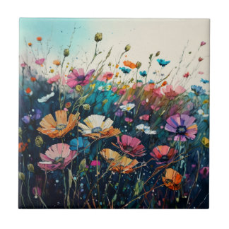 Colourful Wildflower Artwork Ceramic Tile