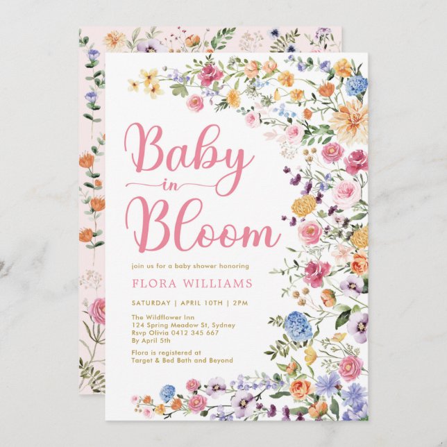Colourful Wildflower Baby in Bloom Girl Shower Invitation (Front/Back)