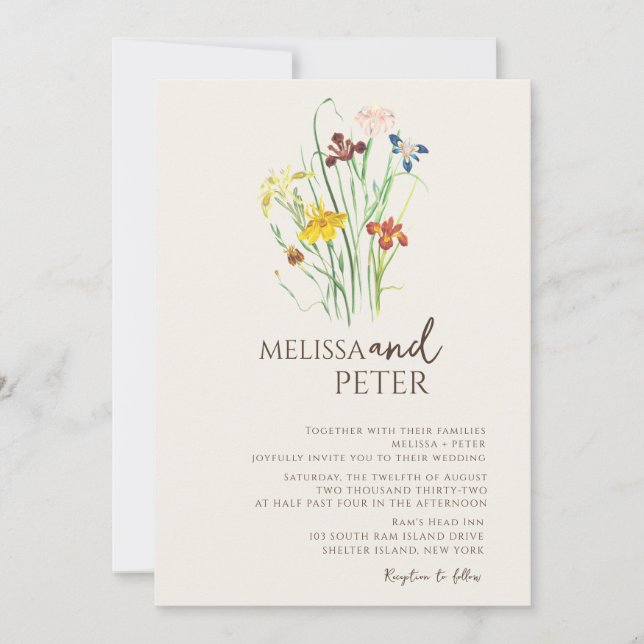 Colourful Wildflower Beige Monogram Photo Wedding  Invitation (Front)
