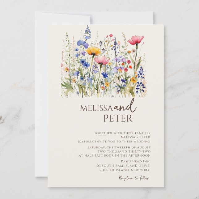 Colourful Wildflower Beige Monogram Photo Wedding  Invitation (Front)