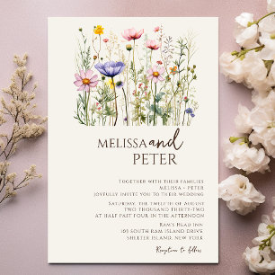 Colourful Wildflower Beige Monogram Photo Wedding Invitation