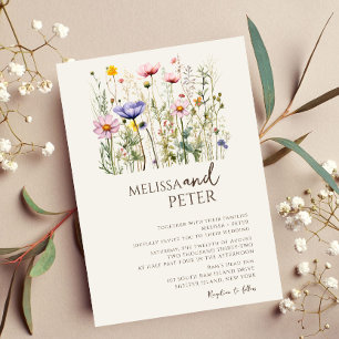 Colourful Wildflower Beige Monogram Photo Wedding Invitation