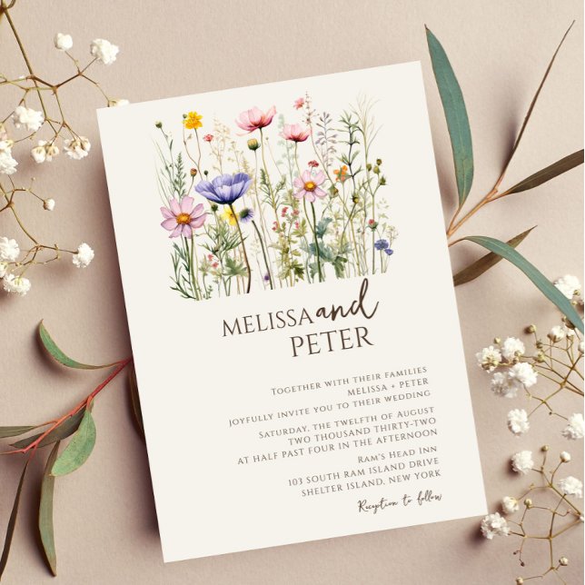 Colourful Wildflower Beige Monogram Photo Wedding  Invitation (Creator Uploaded)