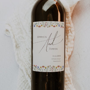 Colourful Wildflower   Beige Wedding Wine Label