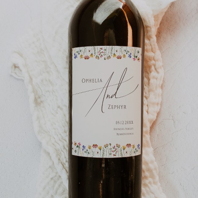 Colourful Wildflower | Beige Wedding Wine Label (Creator Uploaded)