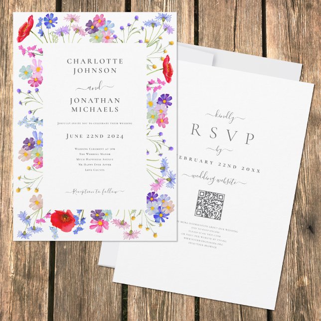 Colourful Wildflower Boho Chic QR Code Wedding Invitation (Boho colorful watercolor wildflower elegant wedding invitation with rsvp qr code)