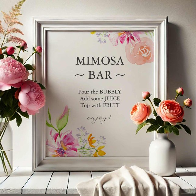 Colourful Wildflower Bridal Shower Mimosa Bar Sign (mimosa bar sign bridal shower ideas watercolor pink floral art Victoria Grigaliunas Do Tell A Belle)