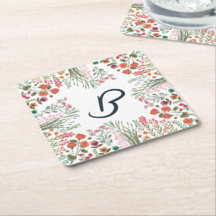 Colourful Wildflower Bridal Shower Monogram Square Paper Coaster