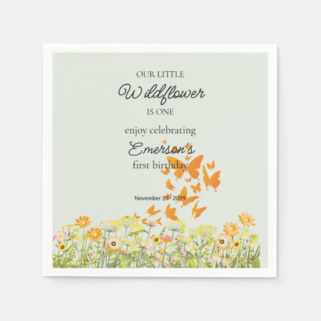 Colourful Wildflower Butterfly 1st Birthday Napkin (Front)
