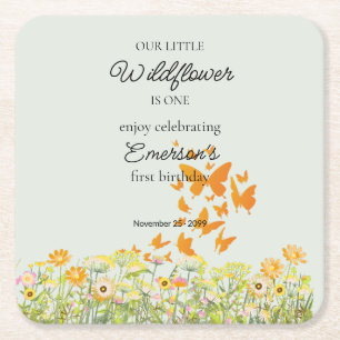Colourful Wildflower Butterfly 1st Birthday Square Paper Coaster
