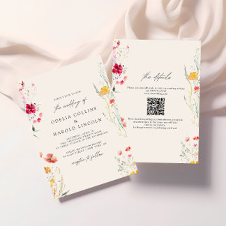Colourful Wildflower Cream Wedding QR Code Invitation