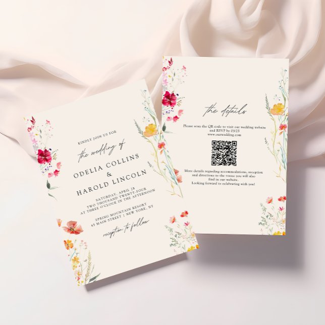 Colourful Wildflower Cream Wedding QR Code Invitation (Creator Uploaded)