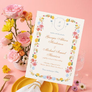 Colourful Wildflower Crest Monogram Wedding Design Invitation