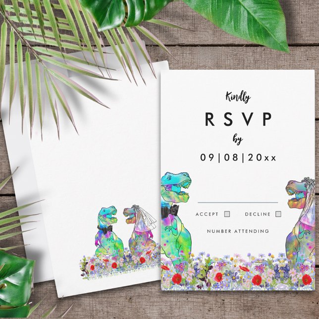 Colourful Wildflower Dinosaur Wedding RSVP Card (Colorful wildflower dinosaur themed wedding RSVP enclosure card)