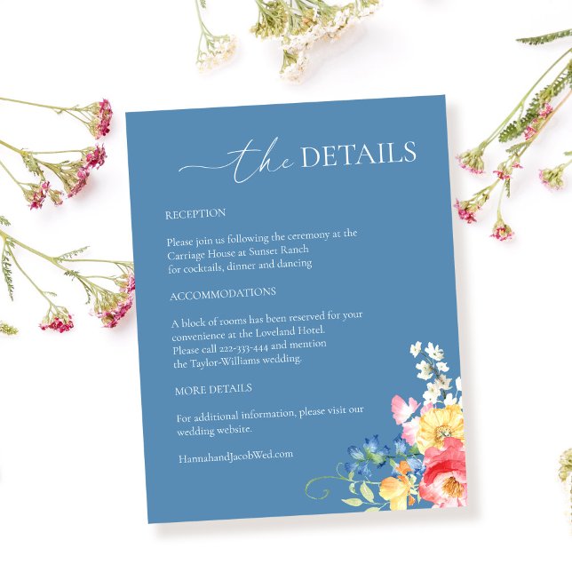 Colourful Wildflower Dusty Blue Wedding Details Enclosure Card (Creator Uploaded)