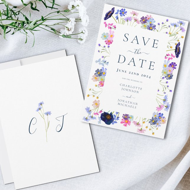 Colourful Wildflower Elegant Wedding Save The Date (Colorful wildflower watercolor wedding save the date with elegant monogram initial)