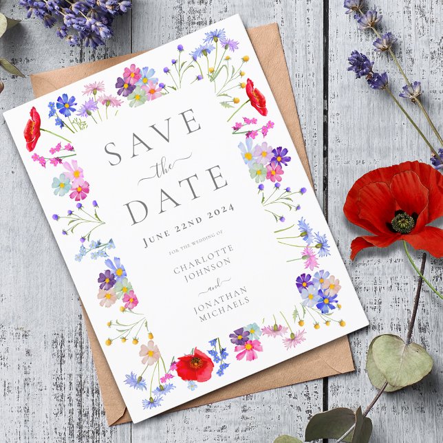 Colourful Wildflower Elegant Wedding Save the Date Invitation Postcard (Colorful wildflower boho chic wedding save the date budget postcard invitation elegant thrift)