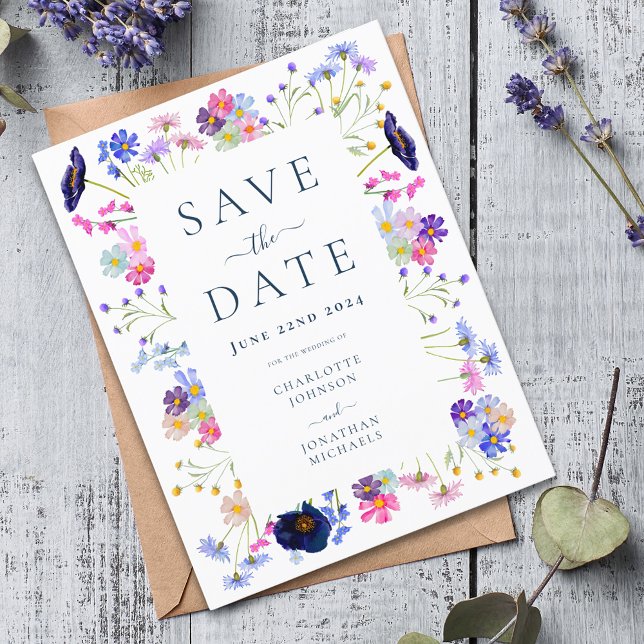 Colourful Wildflower Elegant Wedding Save the Date Invitation Postcard (Modern wildflower wedding save the date with colorful watercolor florals and navy blue typography )