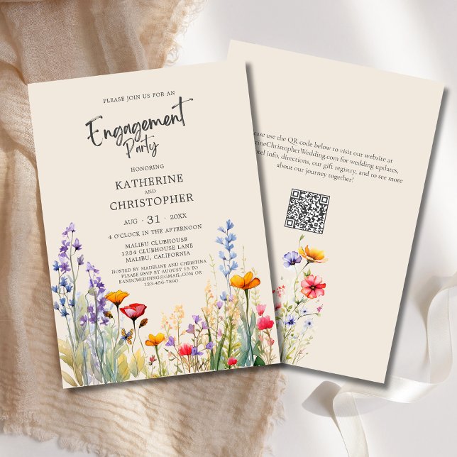 Colourful Wildflower Engagement Party Elegant Beig Invitation (Wedding Engagement Party Invitation with colorful jewel tone wildflowers in purple, red, orange.)