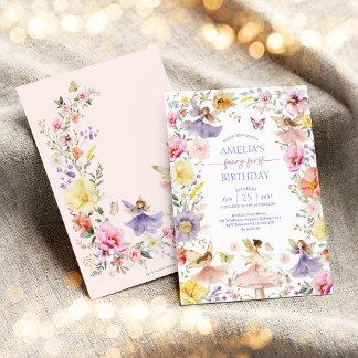 Colourful Wildflower Fairy First 1st Birthday Part Invitation