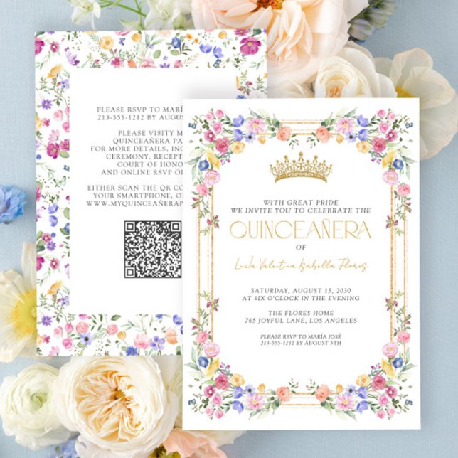 Colourful Wildflower Floral Garden QR Quinceañera Invitation (Creator Uploaded)