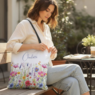 Colourful Wildflower Floral Personalised Name Tote Bag