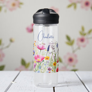 Colourful Wildflower Floral Personalised Name Water Bottle