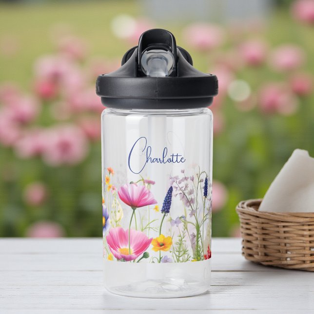 Colourful Wildflower Floral Personalised Name Water Bottle (Creator Uploaded)