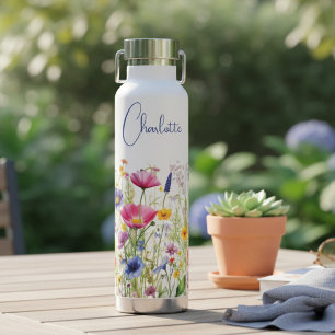 Colourful Wildflower Floral Personalised Name Water Bottle