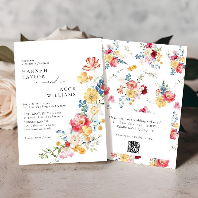Colourful Wildflower Floral QR Code RSVP Wedding Invitation (Creator Uploaded)