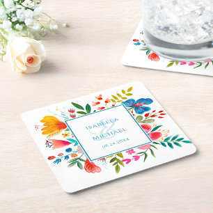 Colourful Wildflower Floral Watercolor Wedding Square Paper Coaster