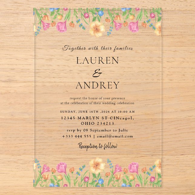 Colourful Wildflower Garden Wedding Acrylic Invitations (Front)