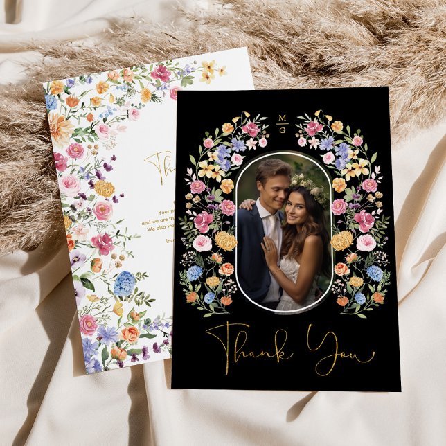 Colourful Wildflower Garden Wedding Photo Thank You Card (Creator Uploaded)
