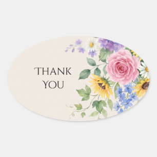 Colourful Wildflower Garden Wedding Thank You Oval Sticker