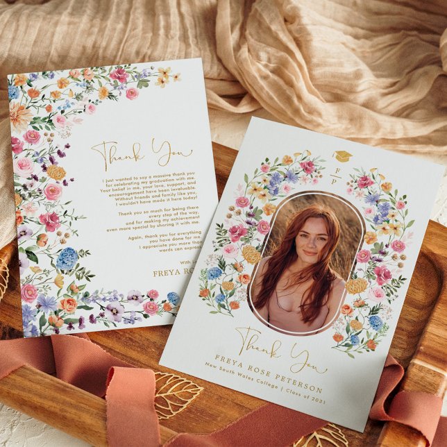 Colourful Wildflower Graduation Photo Thank You Card (Creator Uploaded)